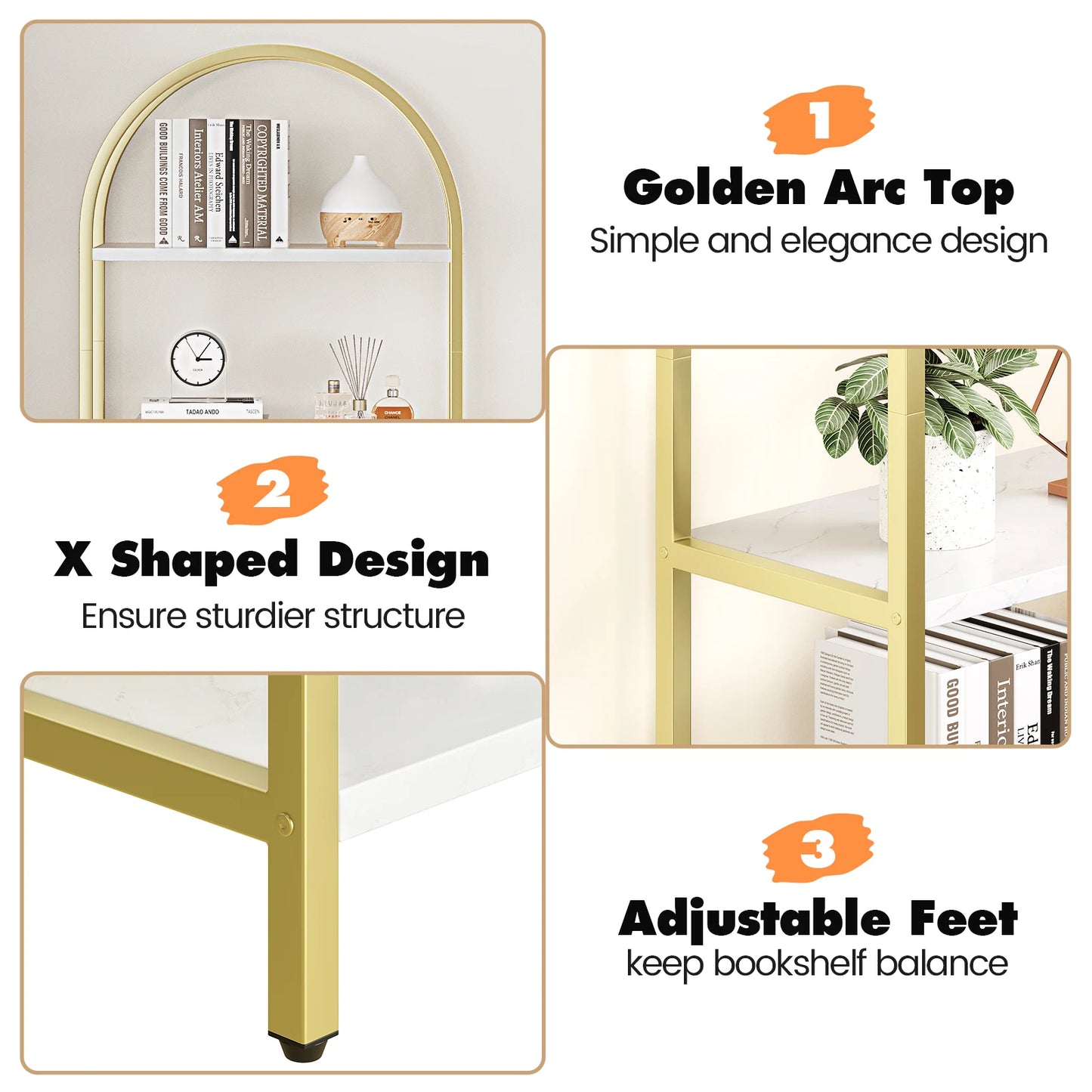 HiMISS 5 Tier Bookshelf Arched Display Metal Frame Bookcase