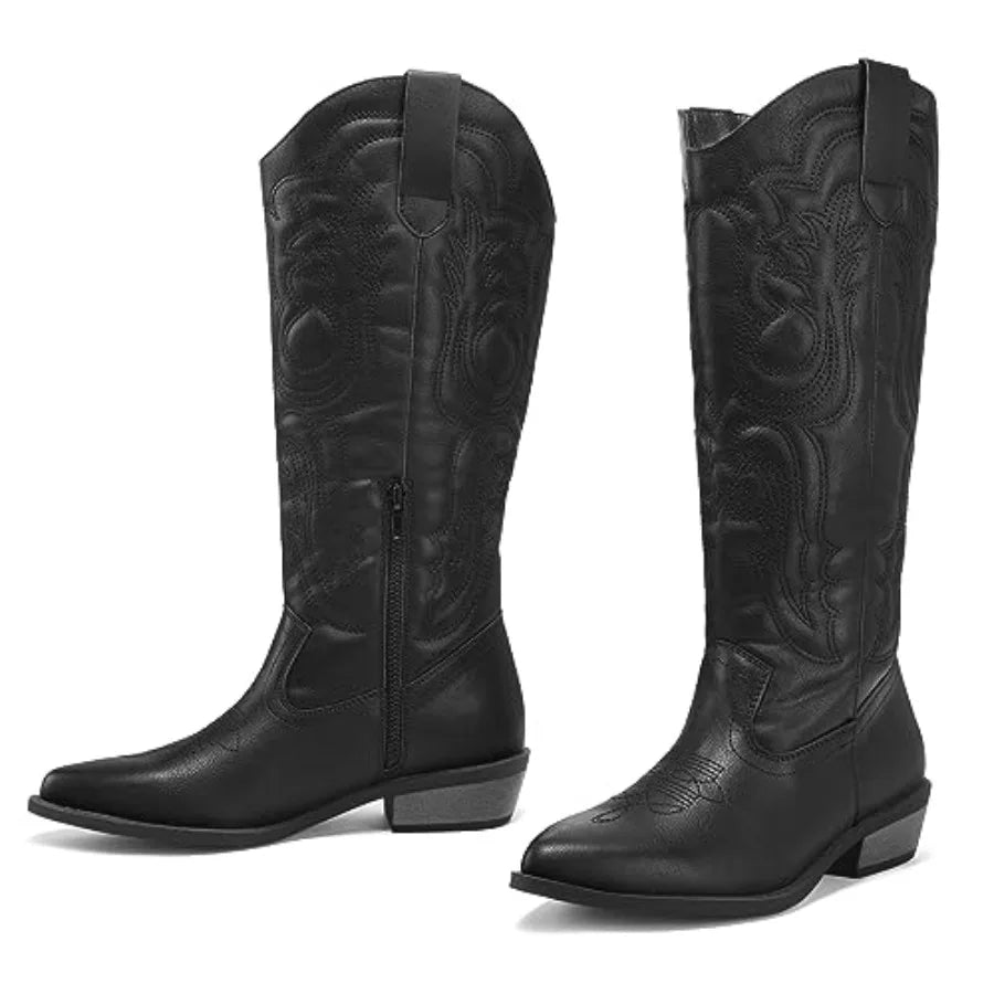 Women's Mid Calf Western Embroidered Cowboy Boots With Pull-On Pointed Toe