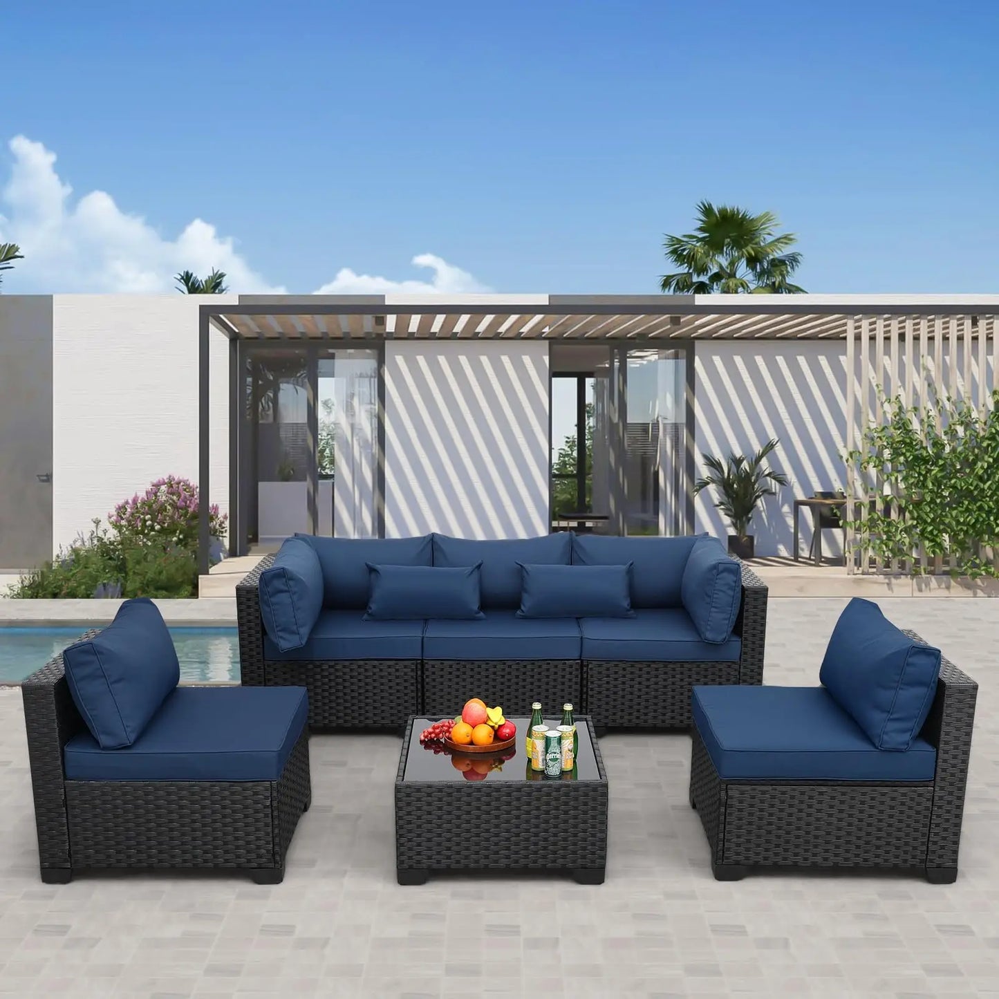 Rattaner All Weather Wicker Outdoor Sectional Set With Glass Table Cushions