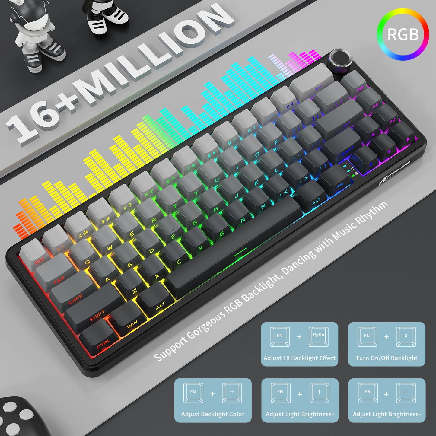 ATTACK SHARK X66 65% Wireless Mechanical Keyboard with Knob, 66 Keys Tri Mode Gasket Hot Swap RGB Gaming Keyboard 60 Percent,PBT