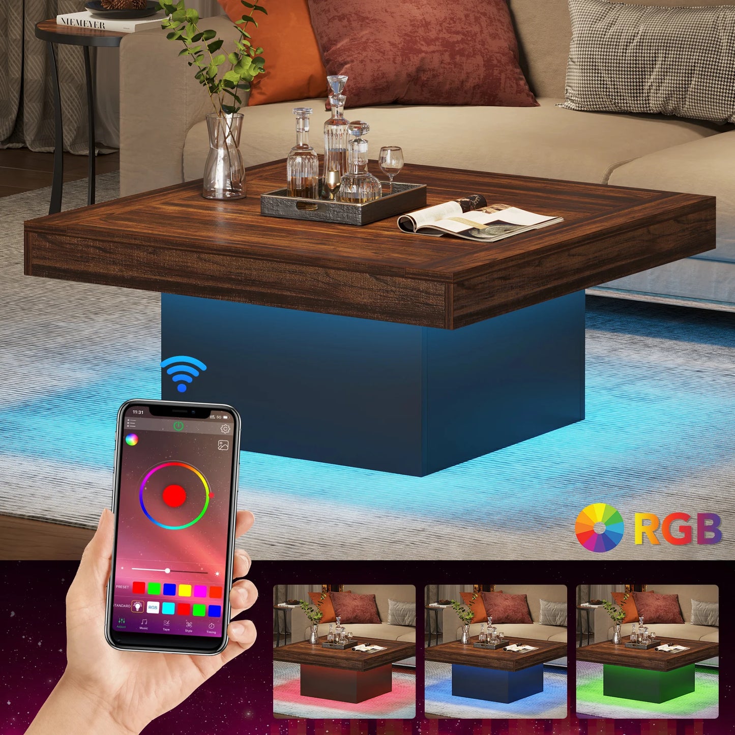 Tribesigns LED Square Coffee Table Low Profile Engineered Wood
