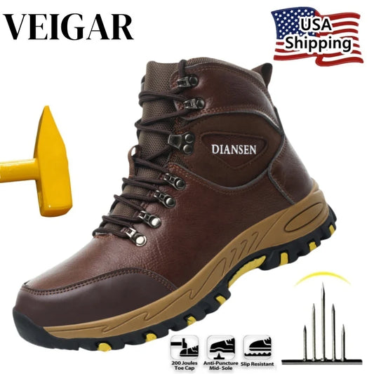 VEIGAR Waterproof Leather Work Boots For Men Safety Puncture Resistant
