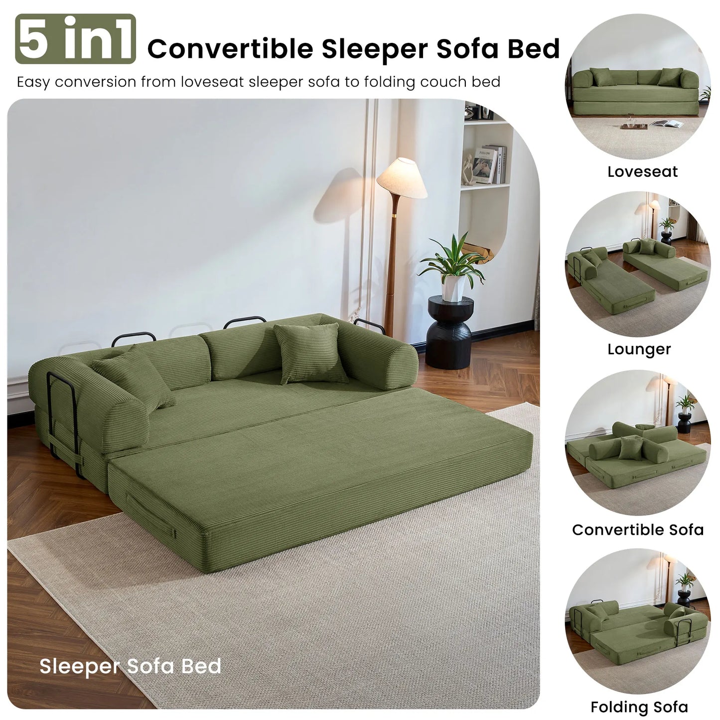 Modern Corduroy Folding Convertible Sofa Bed Sleeper