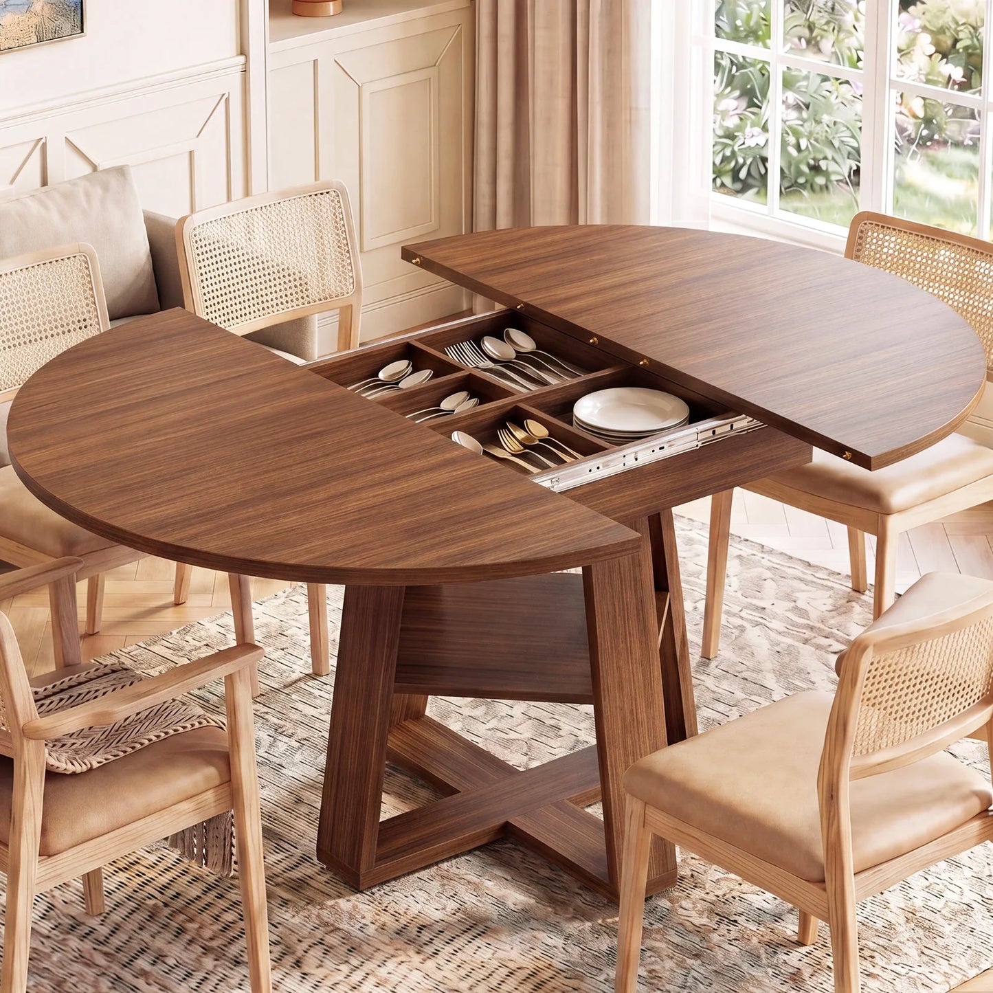 JHK Extendable Round Wood Dining Table With Storage