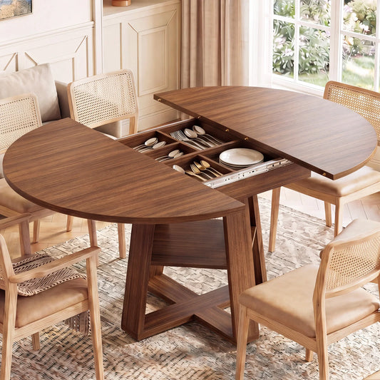 JHK Extendable Round Wood Dining Table With Storage