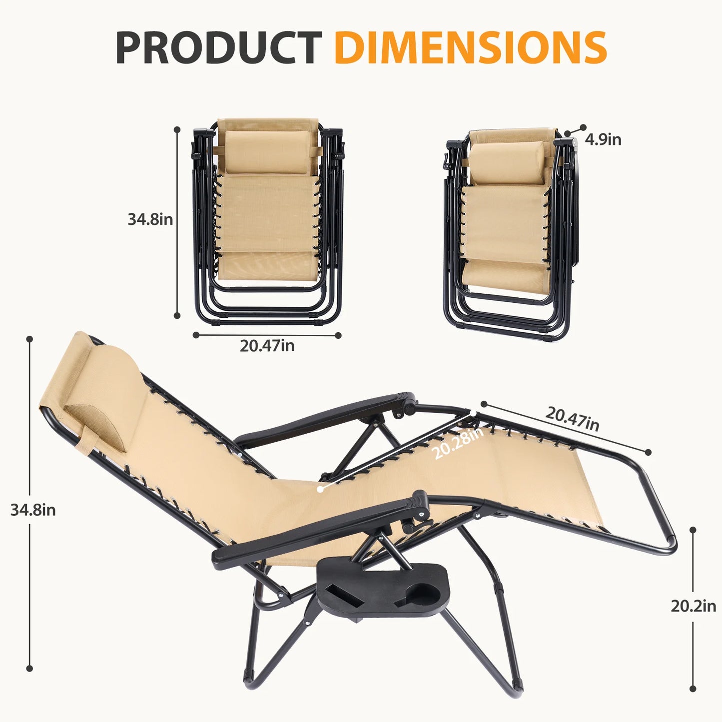 JHK Portable Zero Gravity Recliner Chairs Set of 2 Outdoor Garden Folding Lounge Chair with Cup Holder Trays Adjustable Pillow