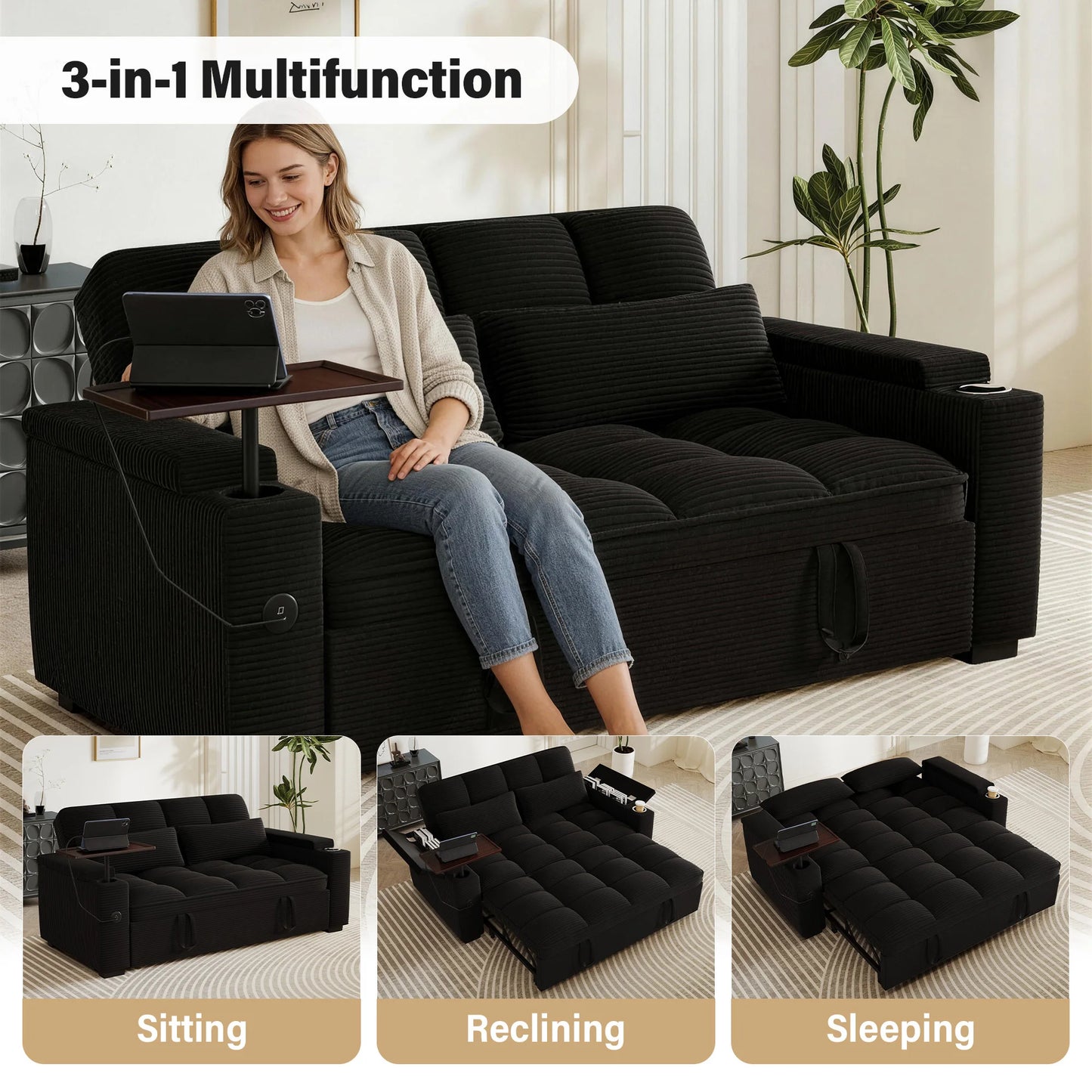 65 Inch Foldable Sofa Bed With Swivel Table And USB Charging