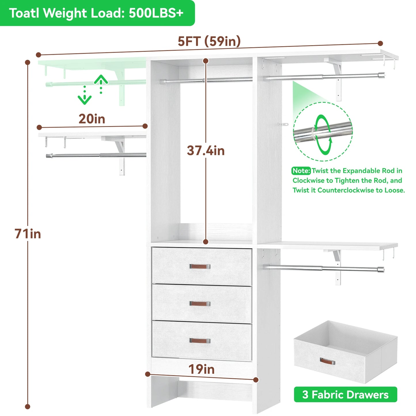 5FT Small Closet System with 3 Fabric Drawers, 60'' Walk In Closet Organizer System With 3 Adjustable Shelves