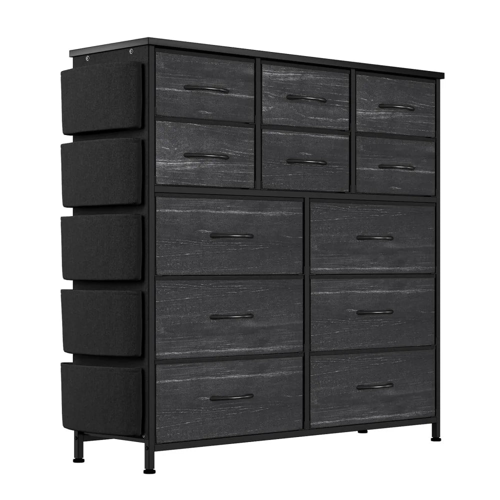 12 Drawer Dresser for Bedroom Fabric Storage Chest with Wood Top Steel Frame Side Pockets Hooks Organizer Cabinet for Living Room Entryway Bathroom Rustic Brown