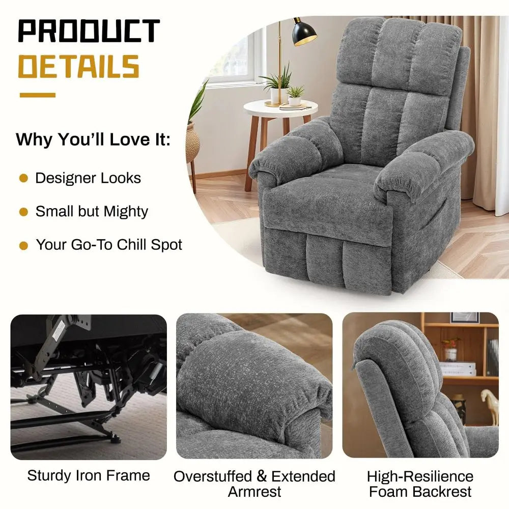 Recliner Chair, Living Room Recliner Chairs for Adults, Small Recliners for Small Spaces, Upholstered Manual Recliner with Side