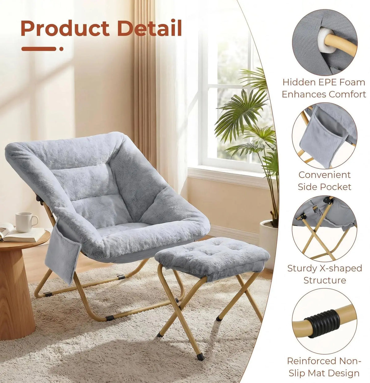 Comfy Saucer Chair with Ottoman,Foldable Lazy Chair Lounge Reading Chair for Adults,Moon Chair for Living Room, Bedroom, Dorms