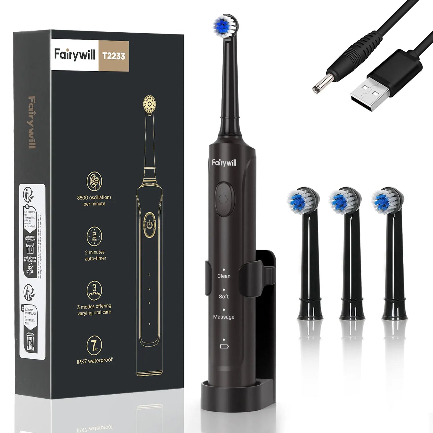 Fairywill T2233 Electric Toothbrush With 4 Replacement Heads