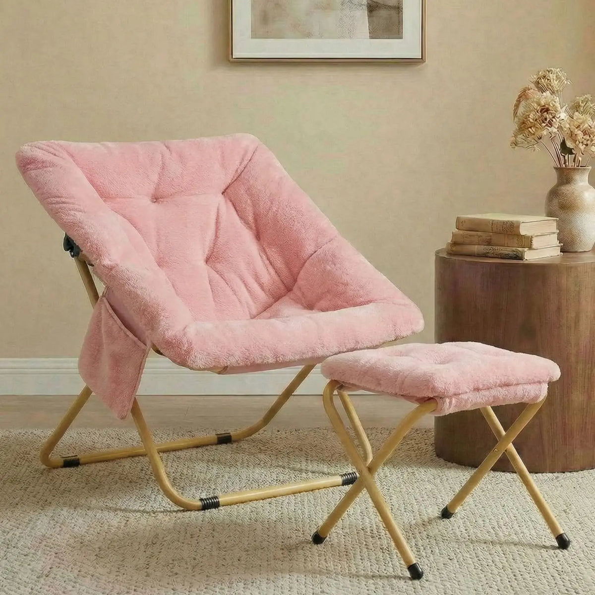 Comfy Saucer Chair with Ottoman,Foldable Lazy Chair Lounge Reading Chair for Adults,Moon Chair for Living Room, Bedroom, Dorms