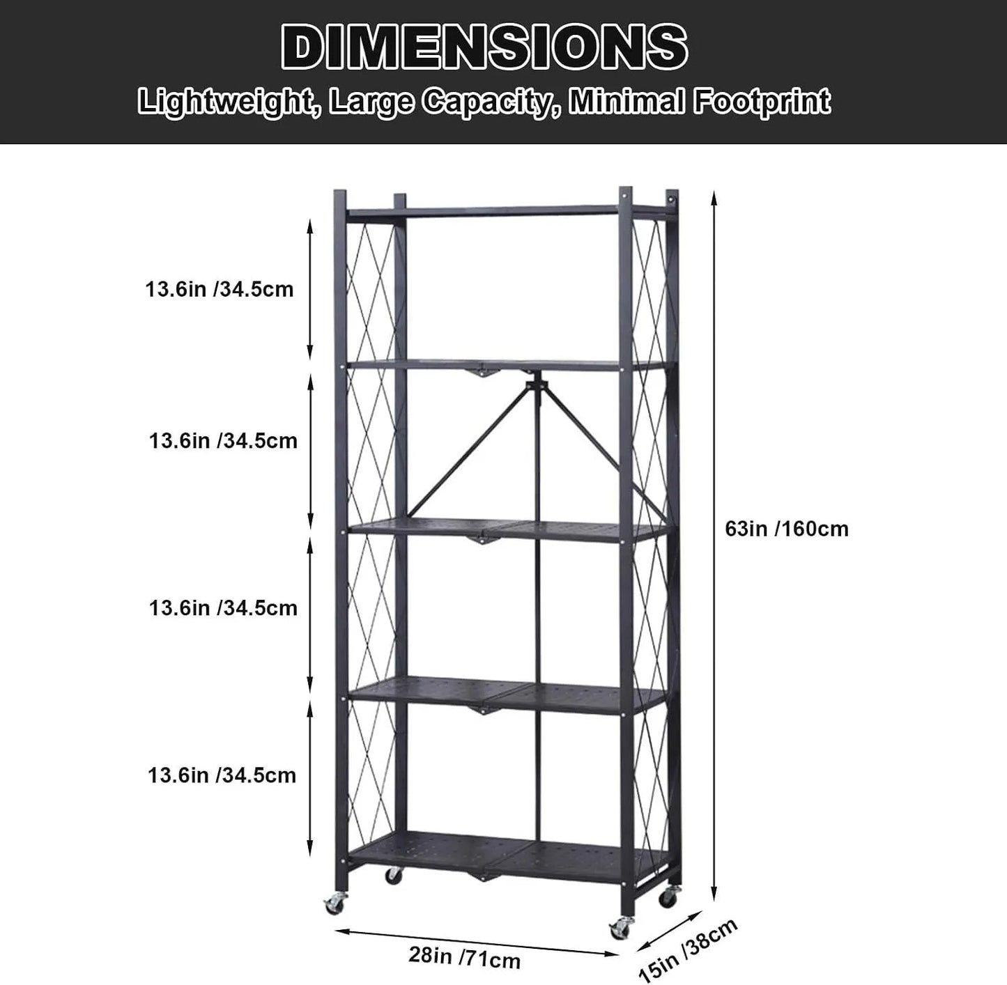 Heavy Duty 5-Tier Collapsible Metal Storage Rack with Wheels, 63x28x15in Rolling Shelf, No Assembly Kitchen Organizer, Freestanding Pantry Garage Microwave Stand, 600 LBS Capacity, Black