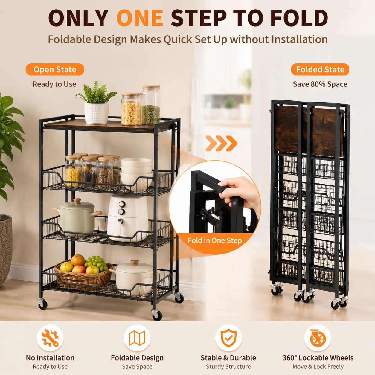 Large 4-Tier Foldable Storage Cart with Lockable Casters, 100 Lbs Capacity Expandable Kitchen Organizer, No Assembly Heavy Duty Garage Shelving Utility Rack, Black