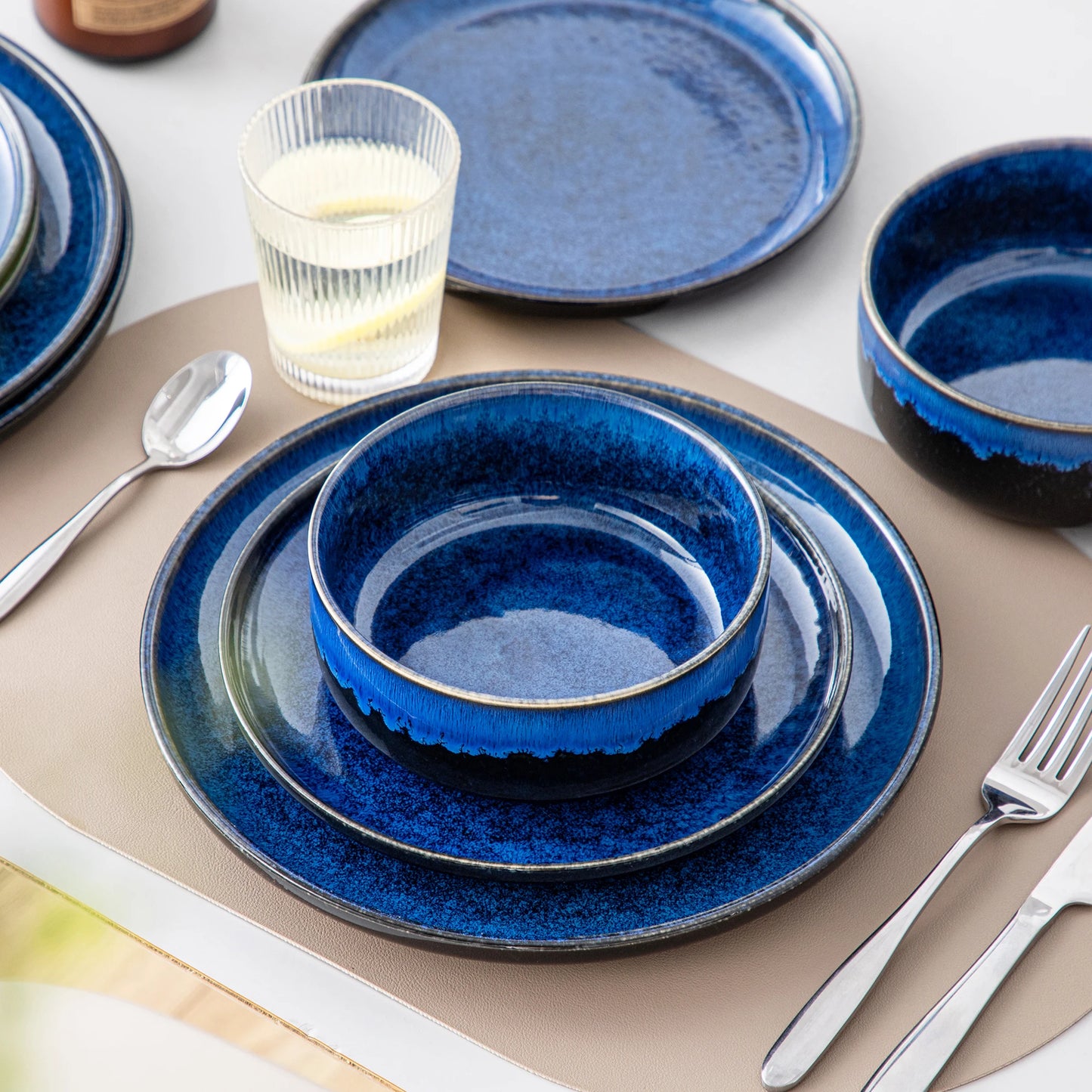 vancasso 12/24 PCS Starry Blue Reactive Glaze Stoneware Dinnerware Sets Ceramic Plates Set with 4 pcs Dinner Plate/Dessert/Bowl
