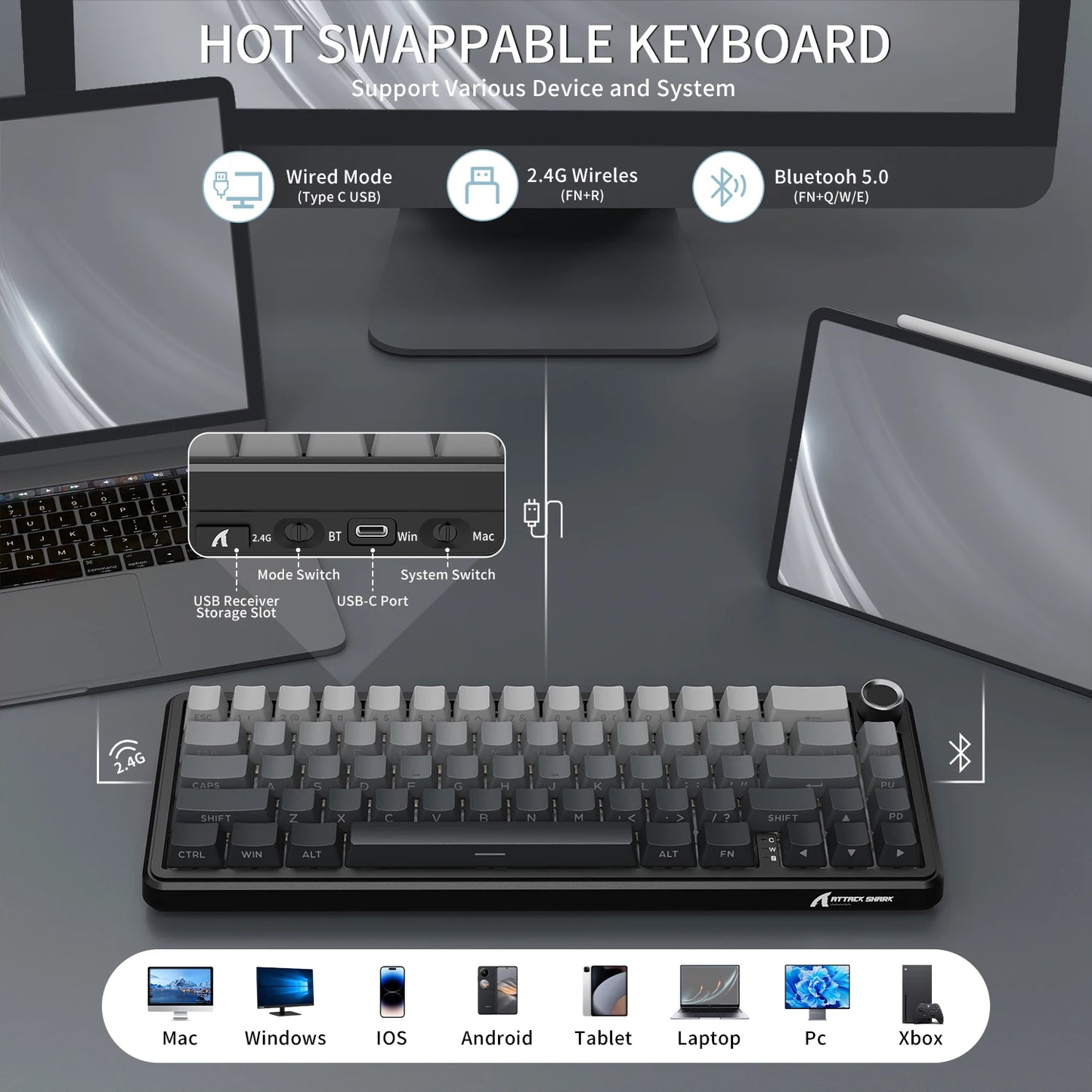 ATTACK SHARK X66 65% Wireless Mechanical Keyboard with Knob, 66 Keys Tri Mode Gasket Hot Swap RGB Gaming Keyboard 60 Percent,PBT