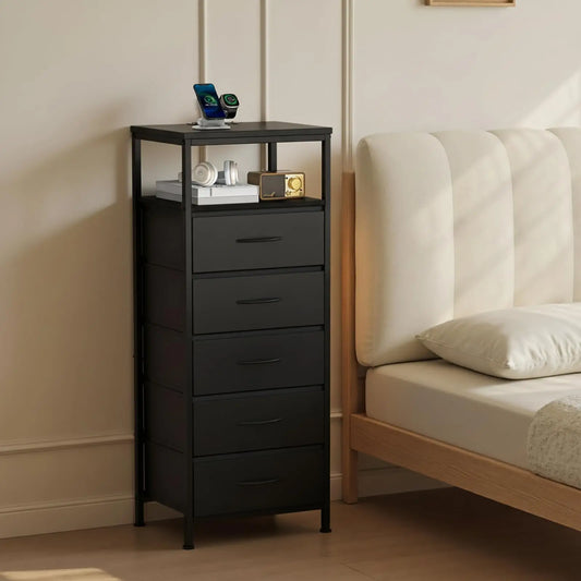 JHK 5 Fabric Drawers Dresser For Bedroom Nightstand with Charging Station and Outlets Adjustable Feet and Variable Light Strip