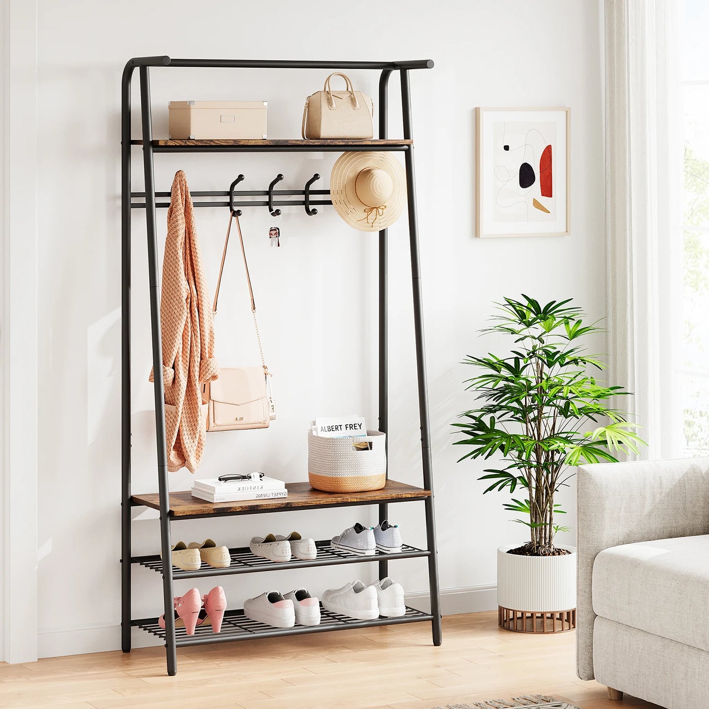 TWISTER.CK Coat Rack Shoe Bench 4 In 1 Hall Tree With Steel Frame