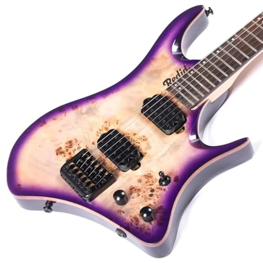 Travel electric guitar for on-the-go playing, mahogany body with maple neck, black finish, lightweight headless design with dua
