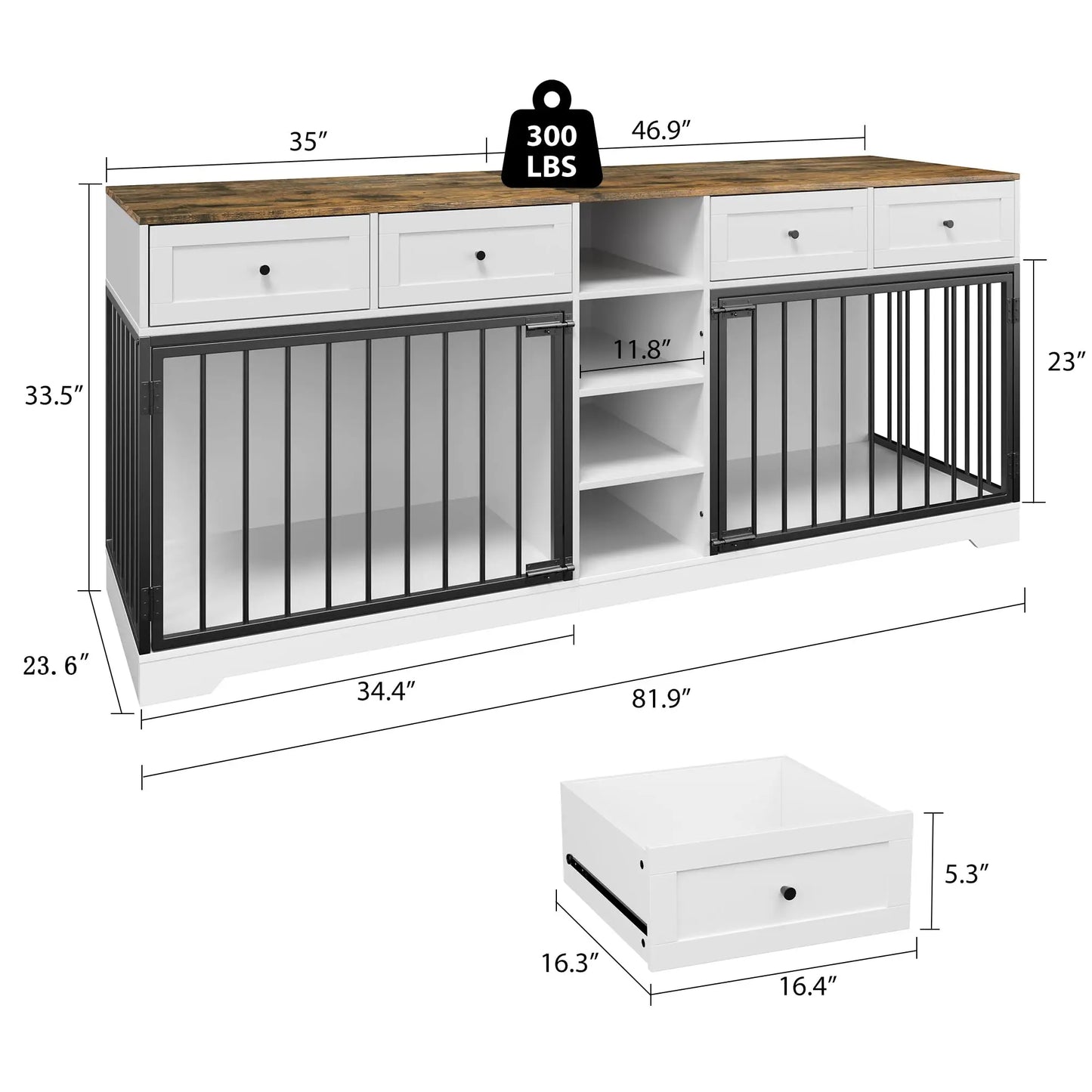 HiMISS Heavy Duty Wooden Dog Crate TV Stand With Drawers