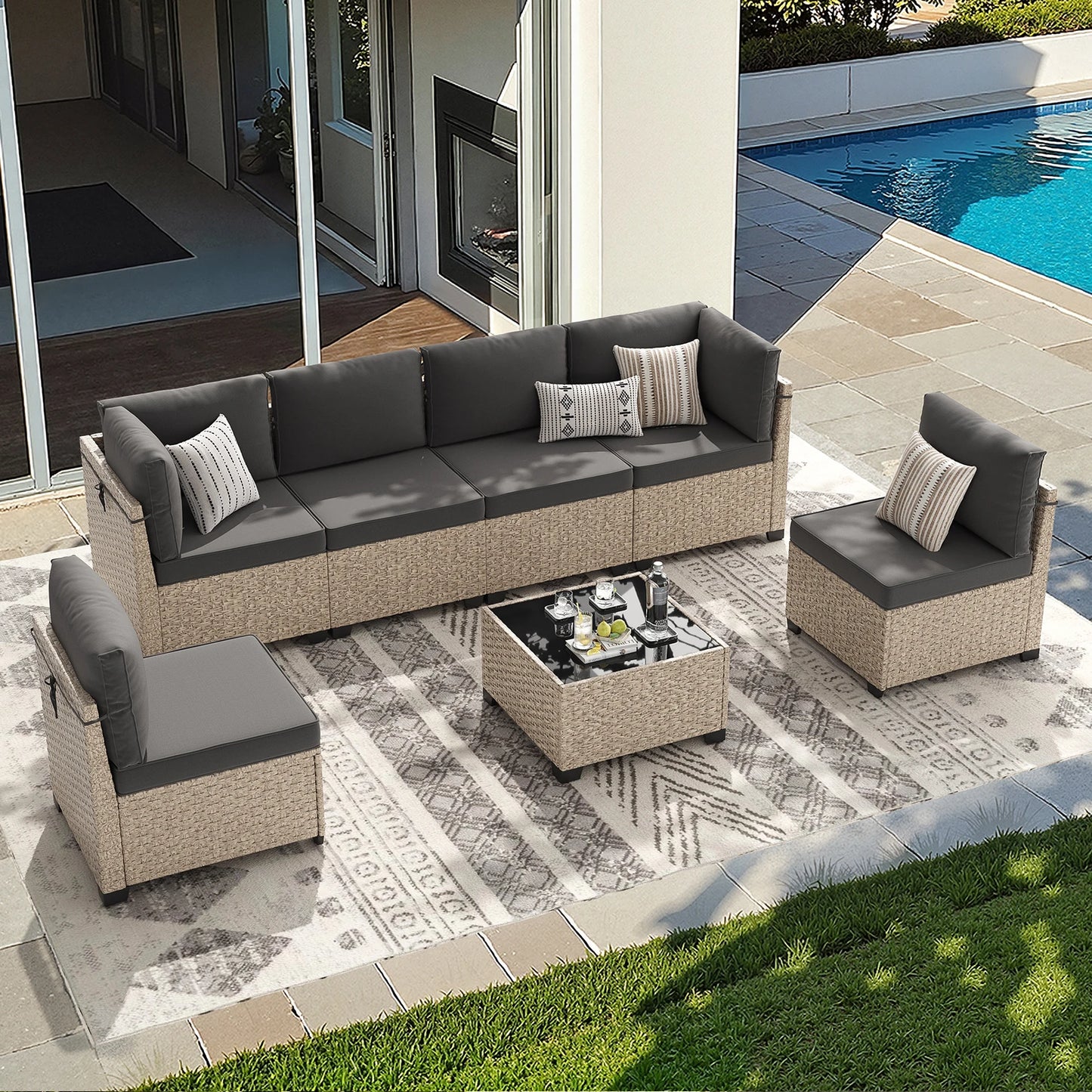 Outdoor Rattan Patio Furniture Set With Glass Table All Weather