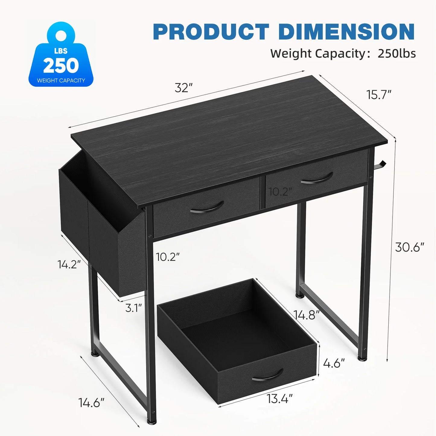 JHK Modern 32 Inch Office Computer Desk With Fabric Storage