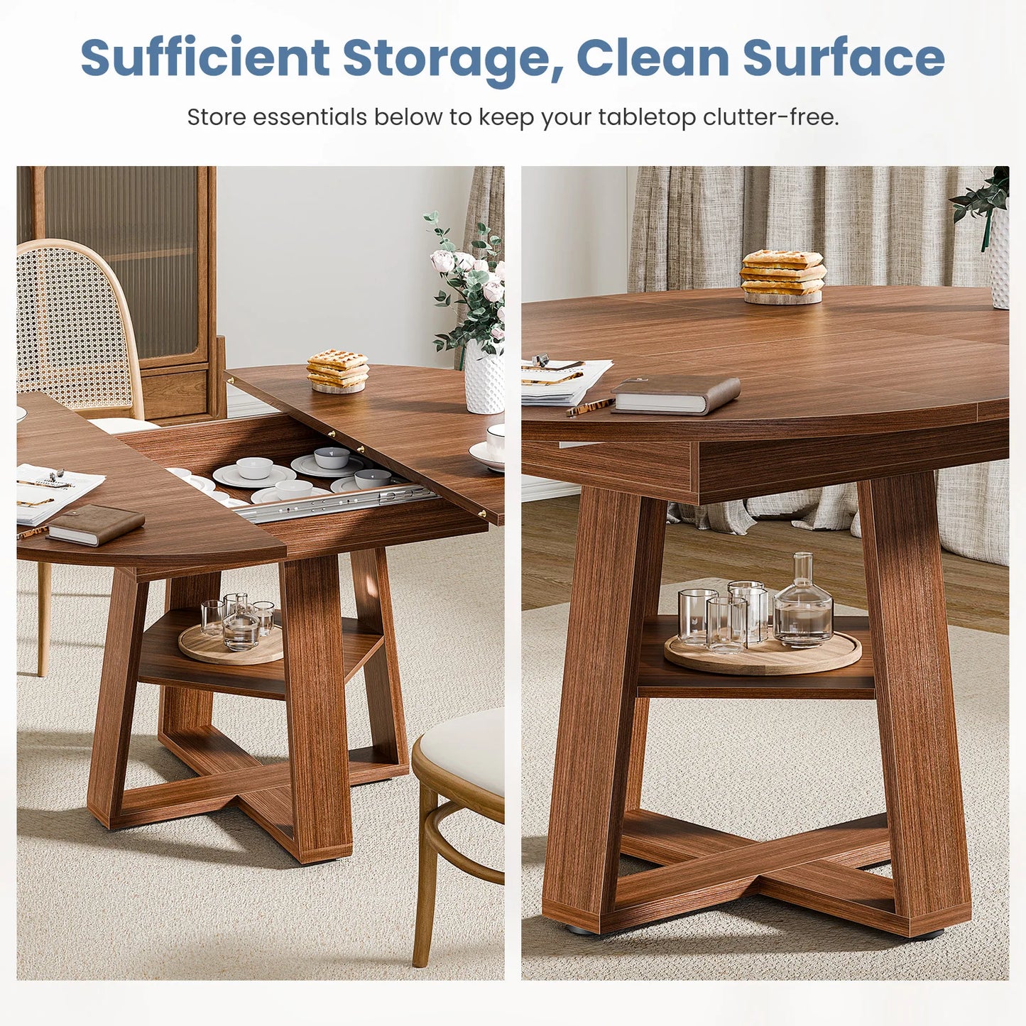 JHK Extendable Round Wood Dining Table With Storage
