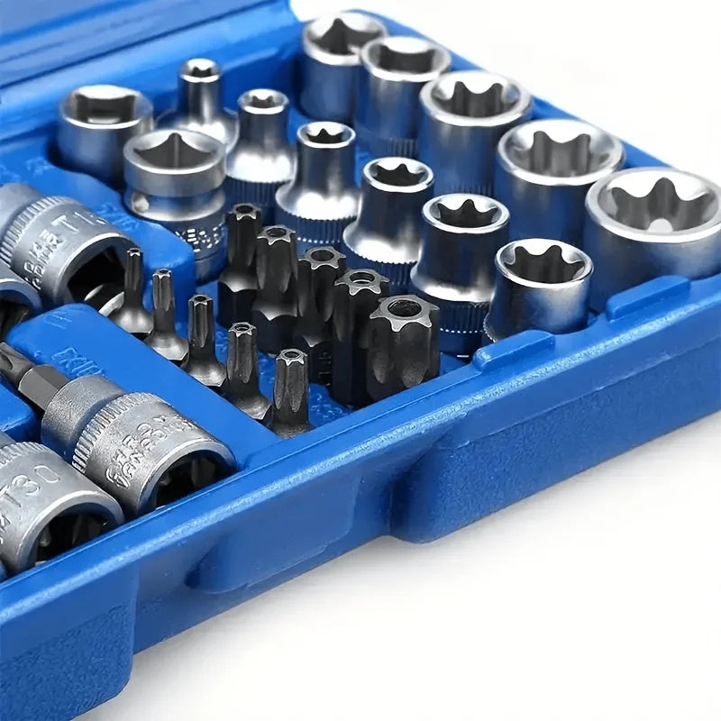 35-piece set of Torx and E-Torx screwdriver bits, compatible with 1/4-inch, 3/8-inch, and 1/2-inch drivers, including male and female E-Torx security screwdriver bits, designed for handheld use