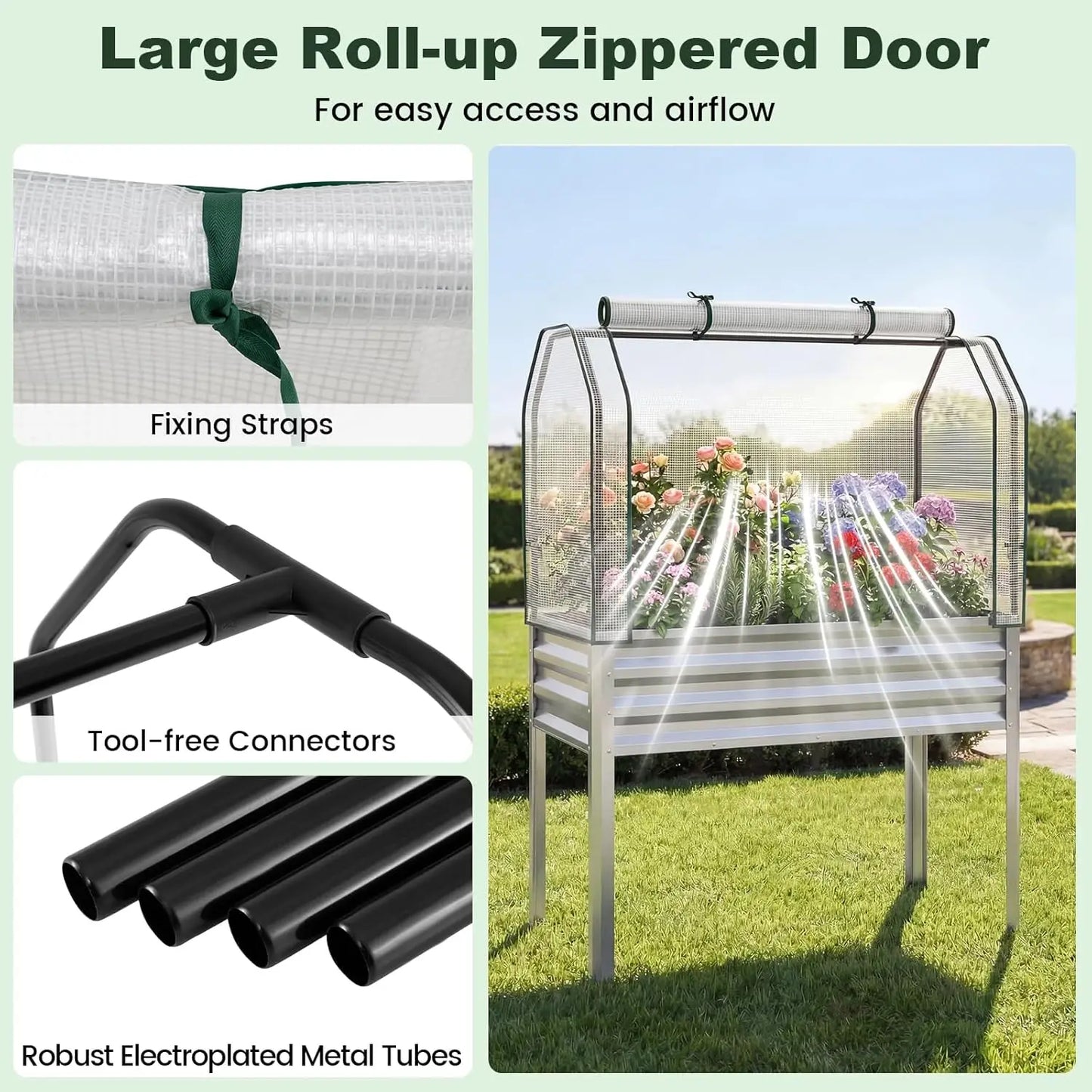 Raised Metal Garden Bed With Legs And Greenhouse Cover Roll Up Door