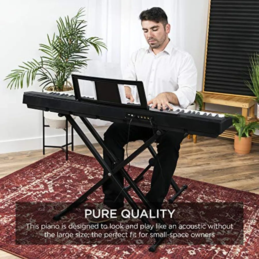 Digital piano for home practice and live performance: 88-key semi-weighted keyboard in black, with built-in speakers, 6 voice s