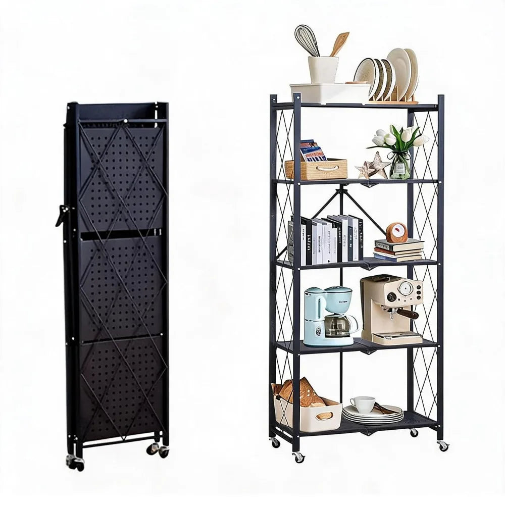 Heavy Duty 5-Tier Collapsible Metal Storage Rack with Wheels, 63x28x15in Rolling Shelf, No Assembly Kitchen Organizer, Freestanding Pantry Garage Microwave Stand, 600 LBS Capacity, Black