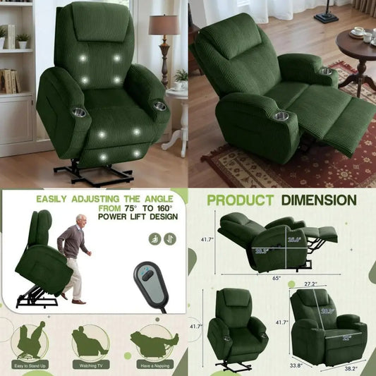 Electric Power Lift Recliner Chair For Seniors With Corduroy Fabric Cup Holders
