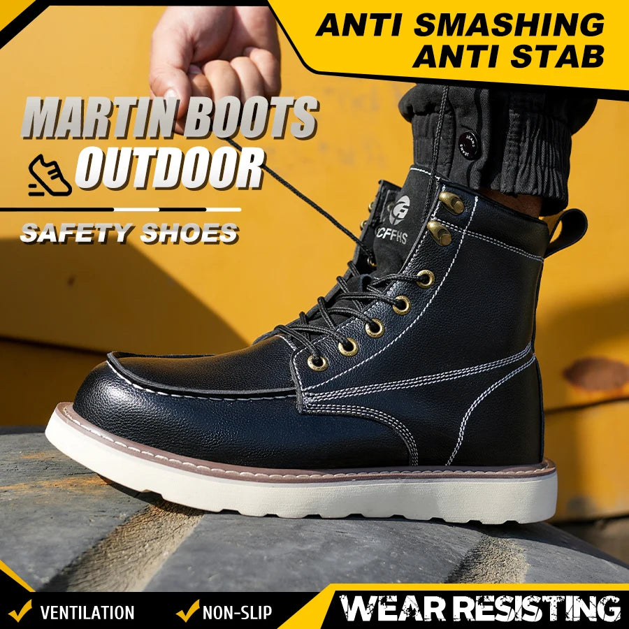 Two Layer Cowhide Mens High Top Work Safety Shoes Anti Smash Puncture