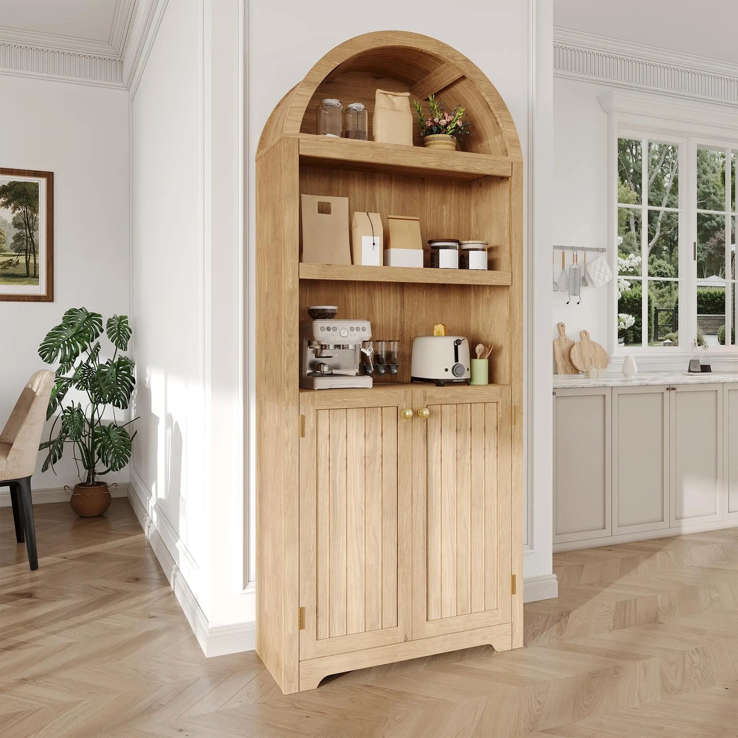 Arched Bookcase with Doors, 71 Inch Tall Storage Bookshelf with Cabinet and Shelves, Wooden Display Bookcase for Living Room, Home Office, White with Black Handles