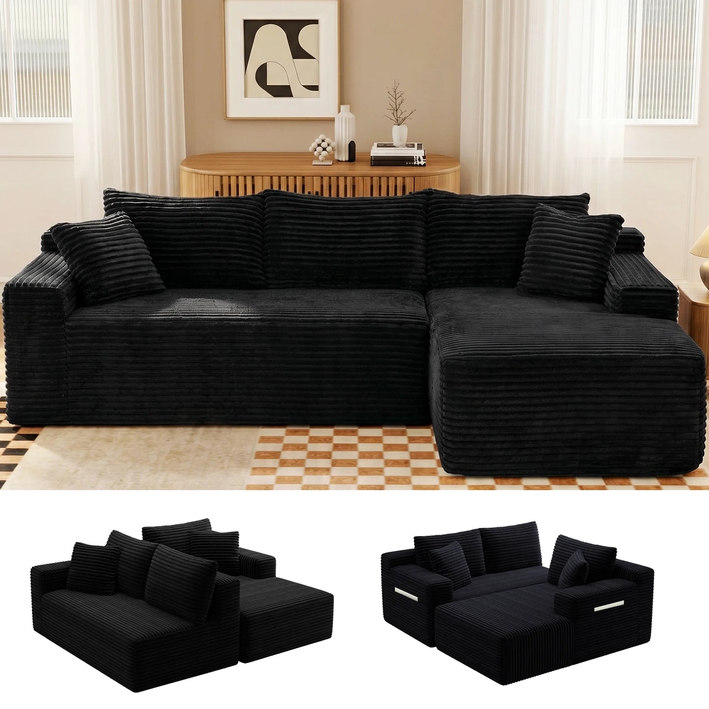 Black Corduroy Modular L-Shape Sectional Sofa With Chaise