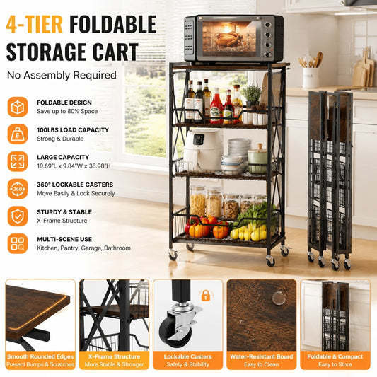 Large 4-Tier Foldable Storage Cart with Lockable Casters, 100 Lbs Capacity Expandable Kitchen Organizer, No Assembly Heavy Duty Garage Shelving Utility Rack, Black