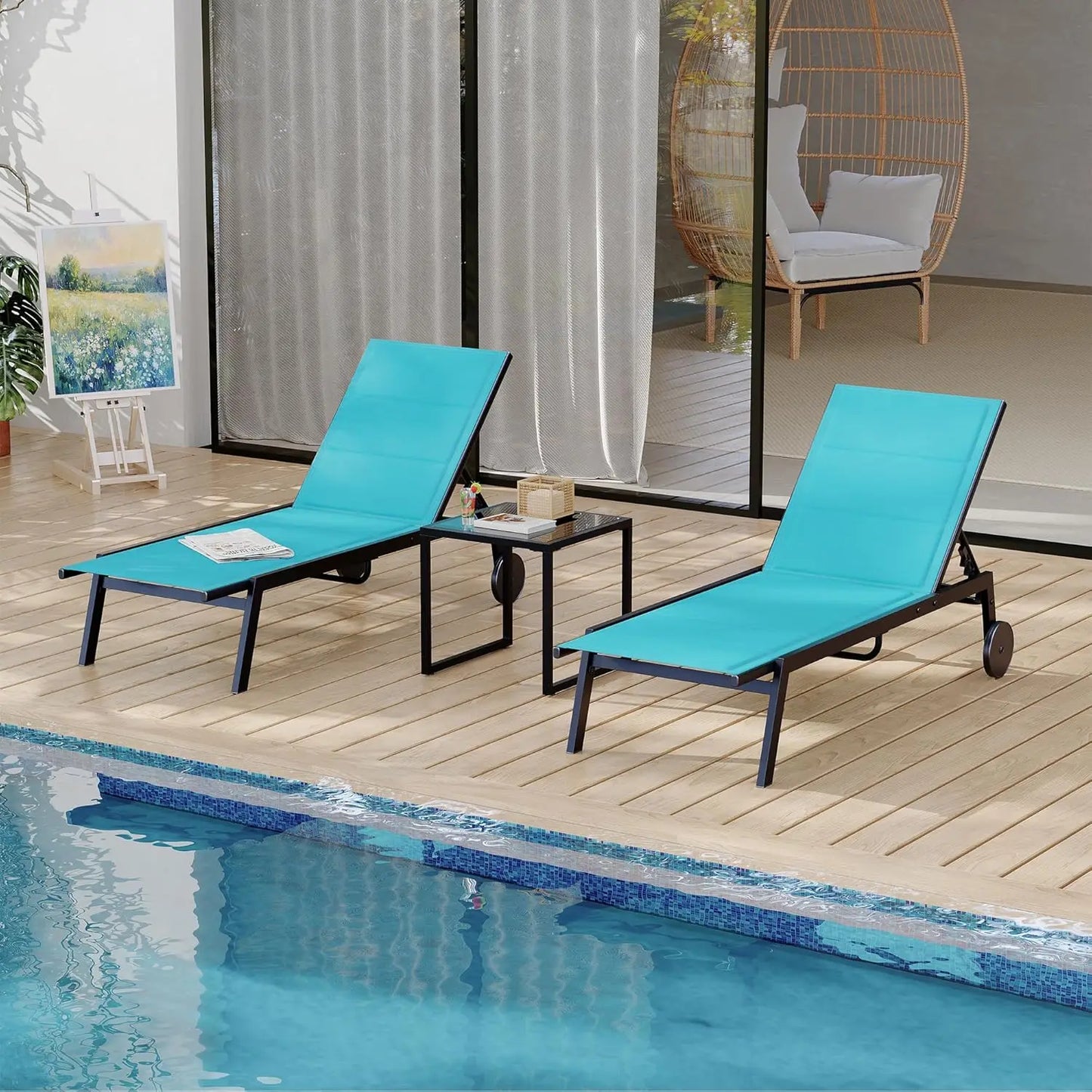 HiMISS 3 Piece Patio Chaise Set With Side Table And Wheels Outdoor