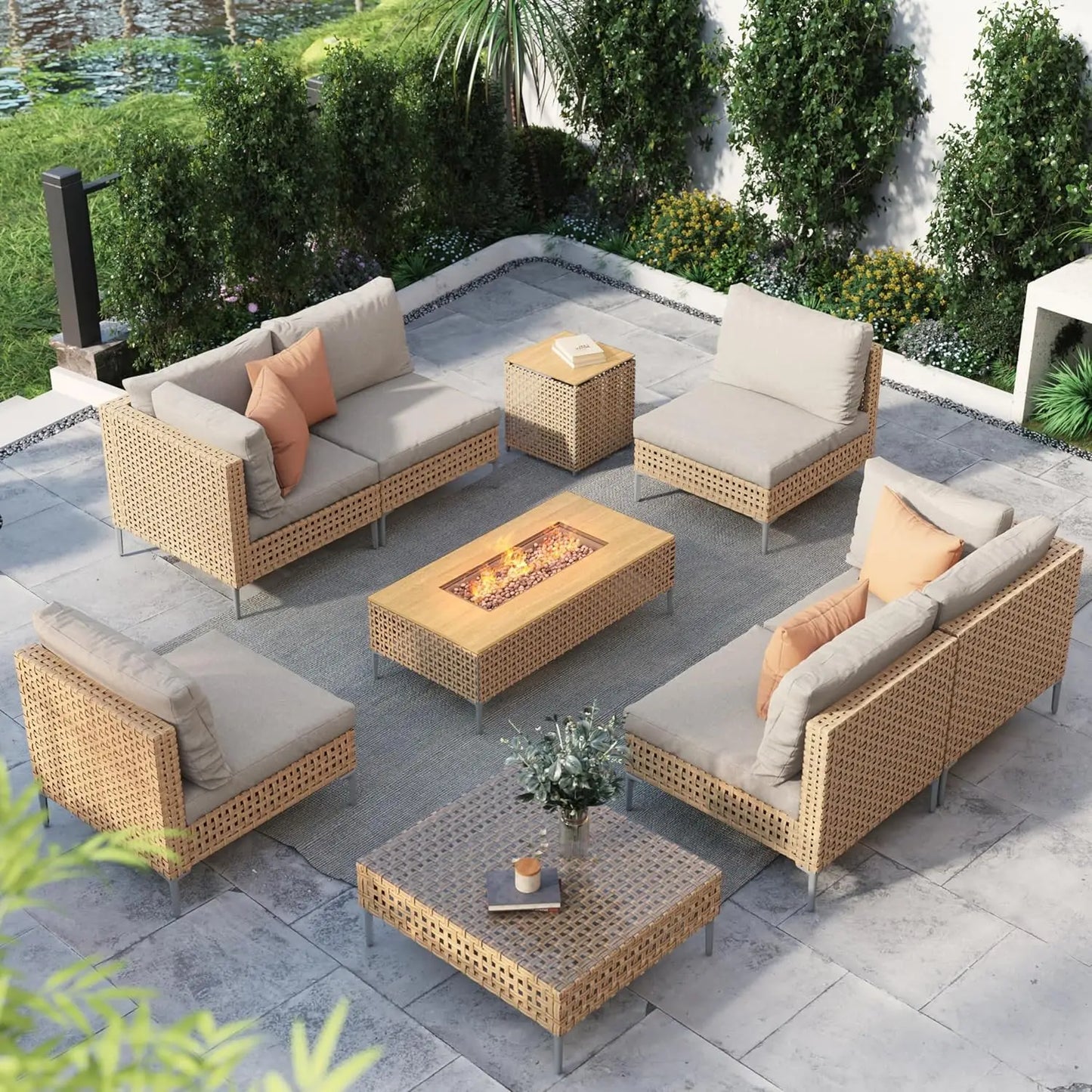 Boho Outdoor Conversation Set All Weather Wicker Sectional Sofa Cushions