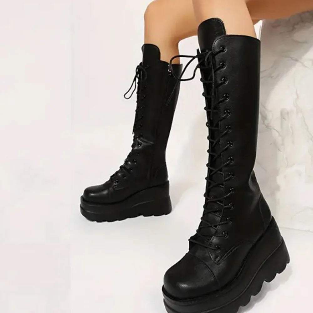 DoraTasia Gothic Lace Up Mid Calf Boots With Zipper