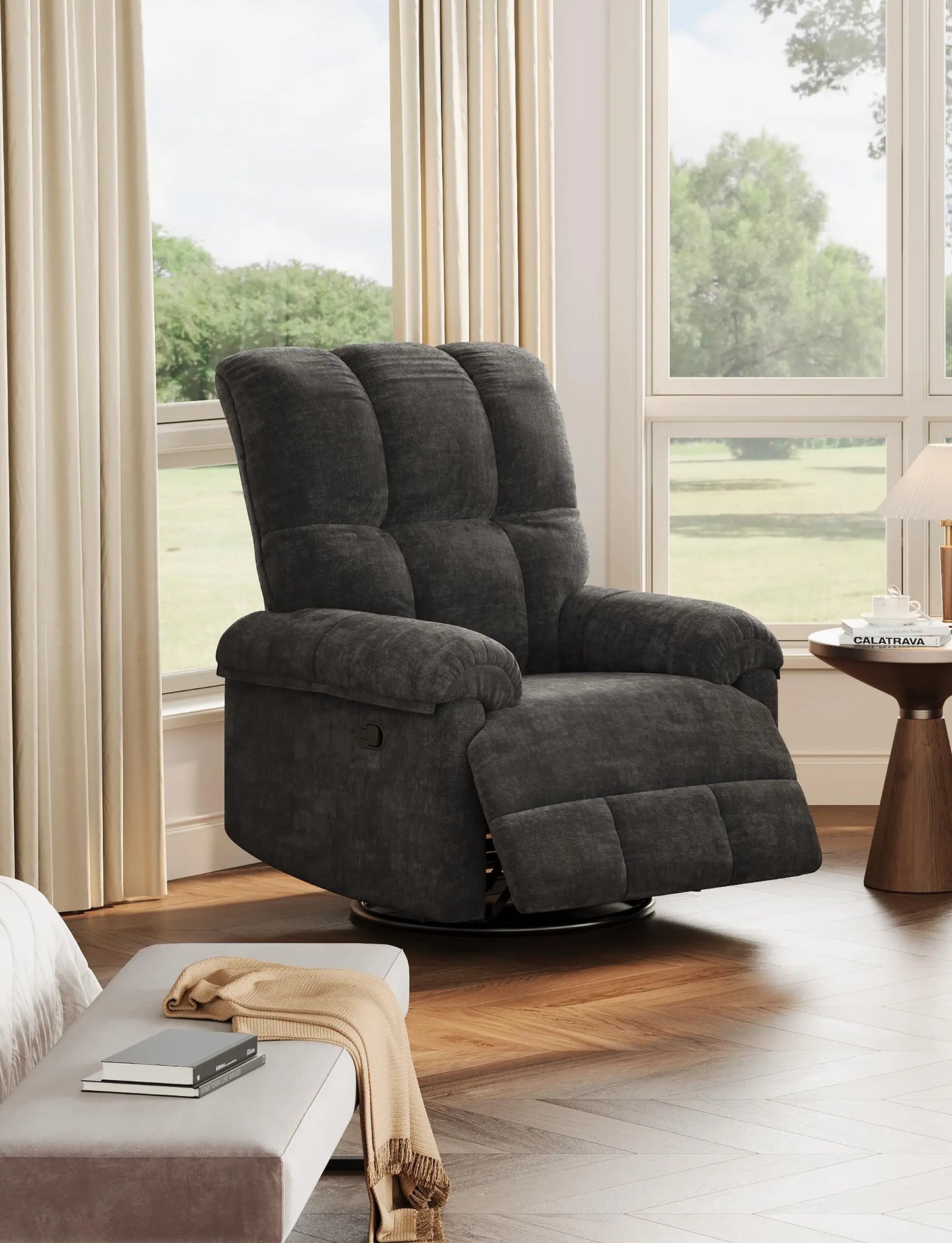 HiMISS Chenille Recliner Chair With Swivel Rocker Padded Armrests