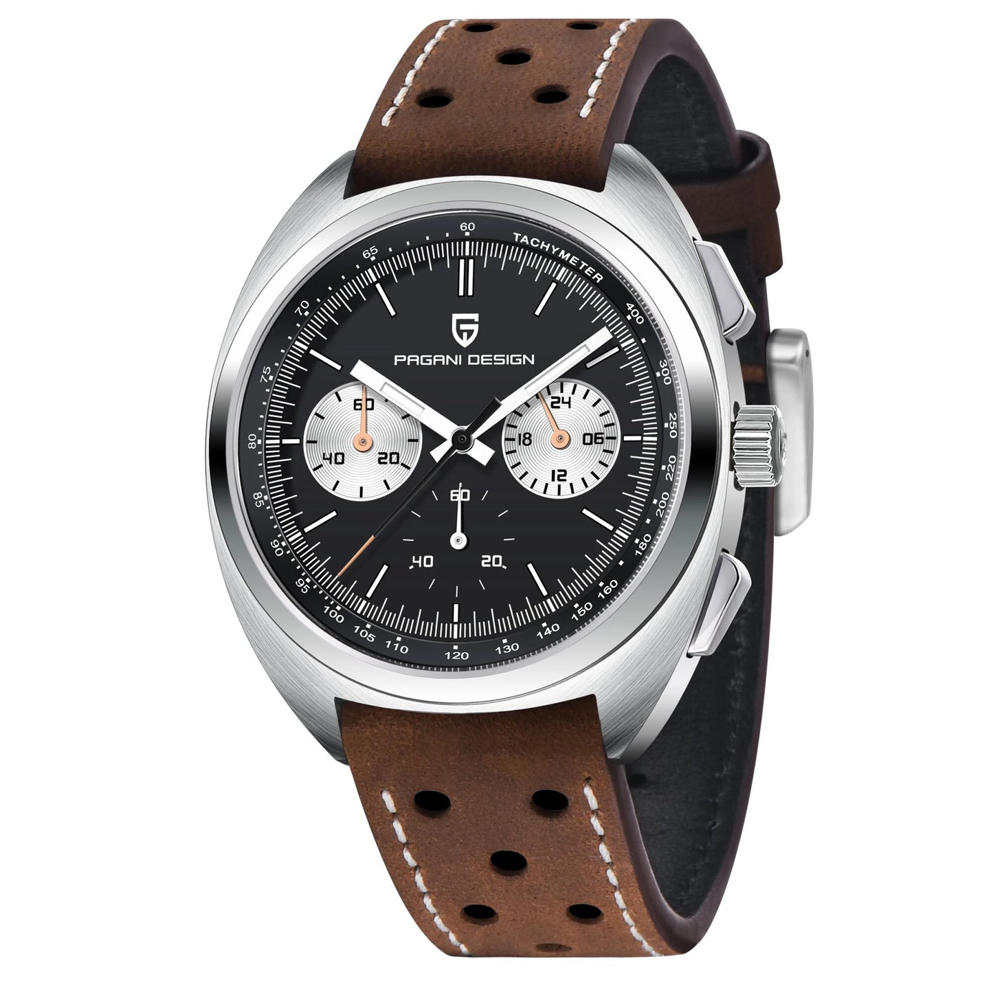 PAGANI DESIGN Men Panda Dial Quartz Chronograph Watch With Leather Band
