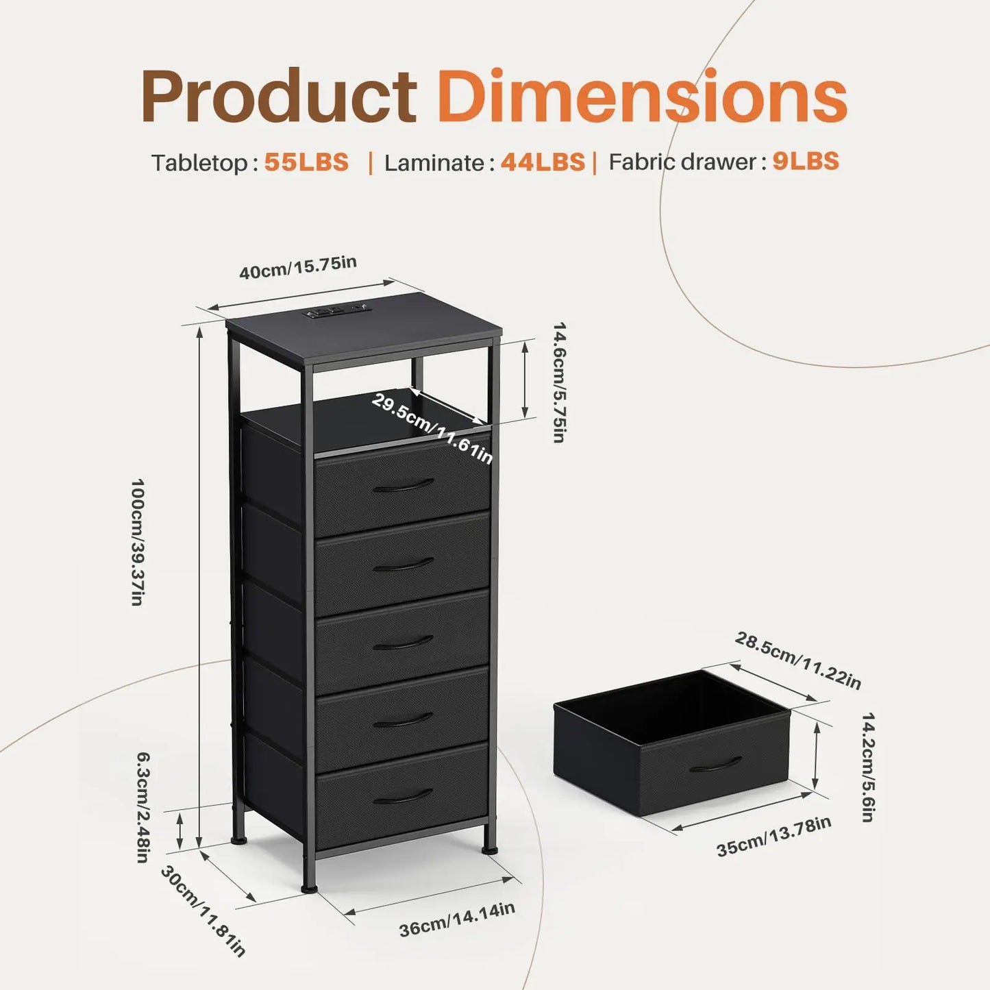 JHK 5 Fabric Drawers Dresser For Bedroom Nightstand with Charging Station and Outlets Adjustable Feet and Variable Light Strip