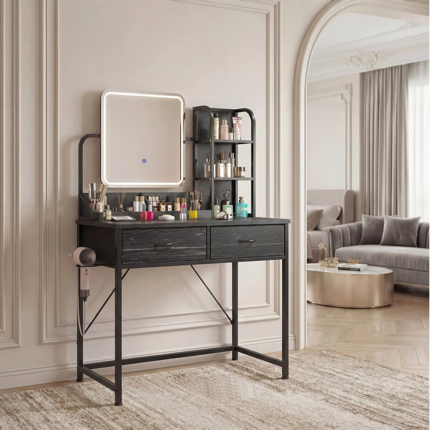 EnHomee LED Makeup Vanity Desk with 2 Fabric Drawers & Power Charging Station, Space Saving Dressing Table Dresser for Bedroom Dorm
