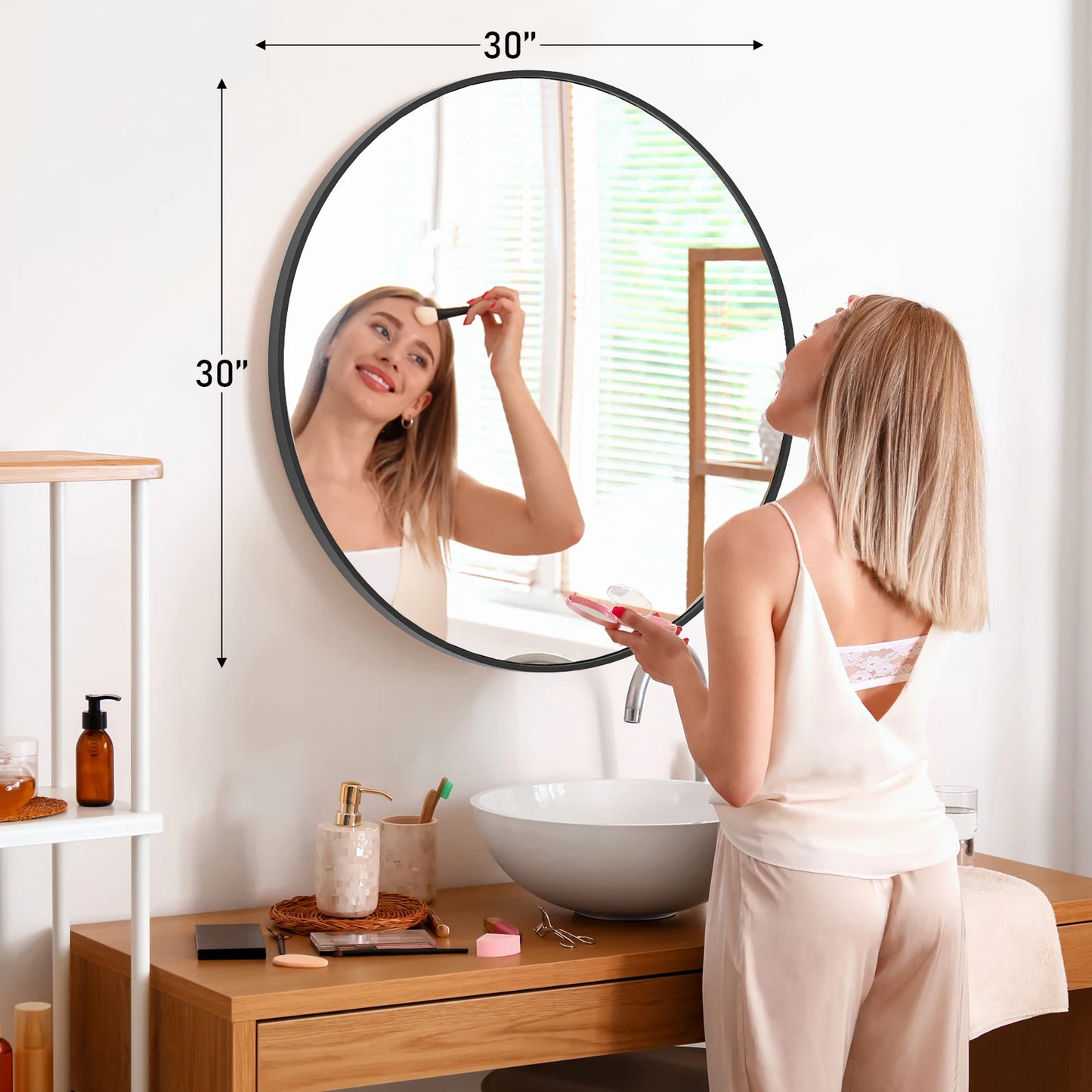 JHK Round Vanity Mirror With Matte Metal Frame Wall Mount