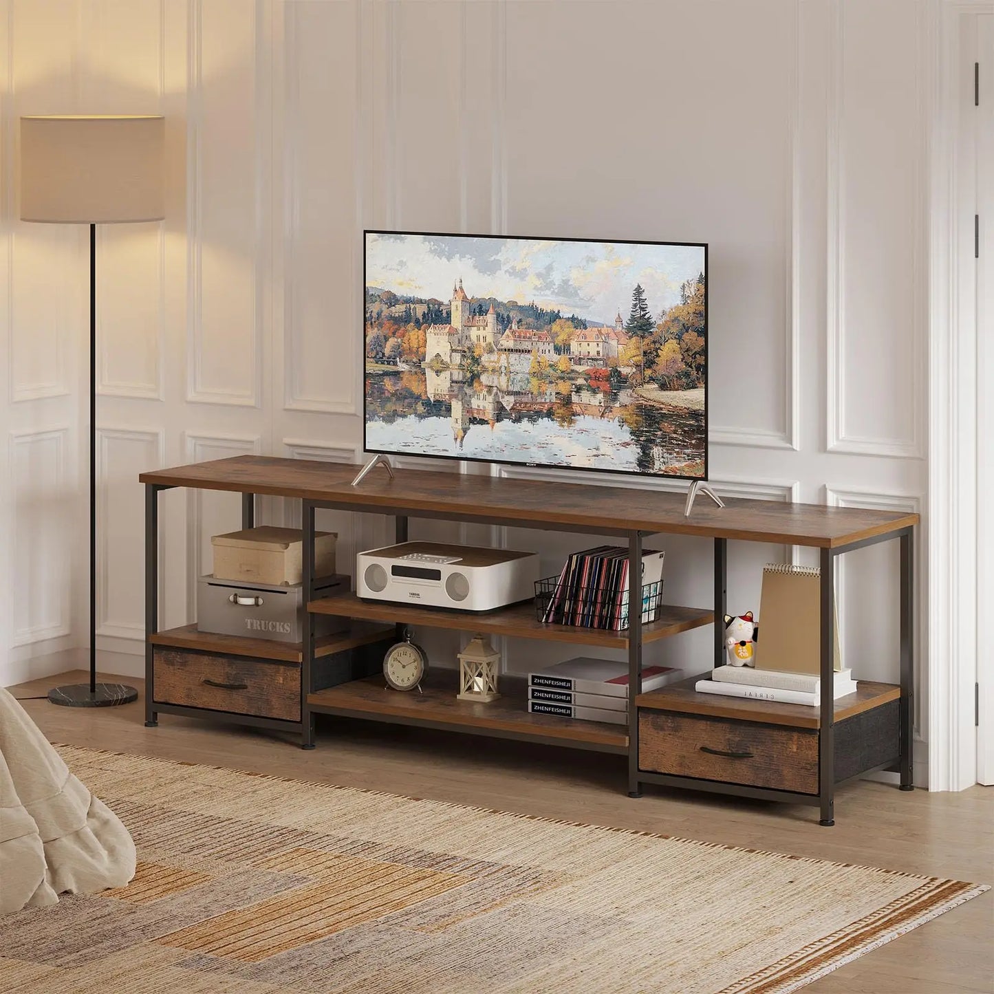 JHK Wood TV Stand Entertainment Center With Adjustable Shelves
