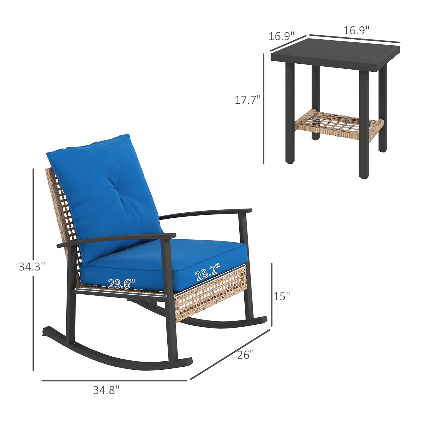 Outsunny 3 Piece Metal Rattan Bistro Set With Rocking Chairs And Coffee Table Dark Blue