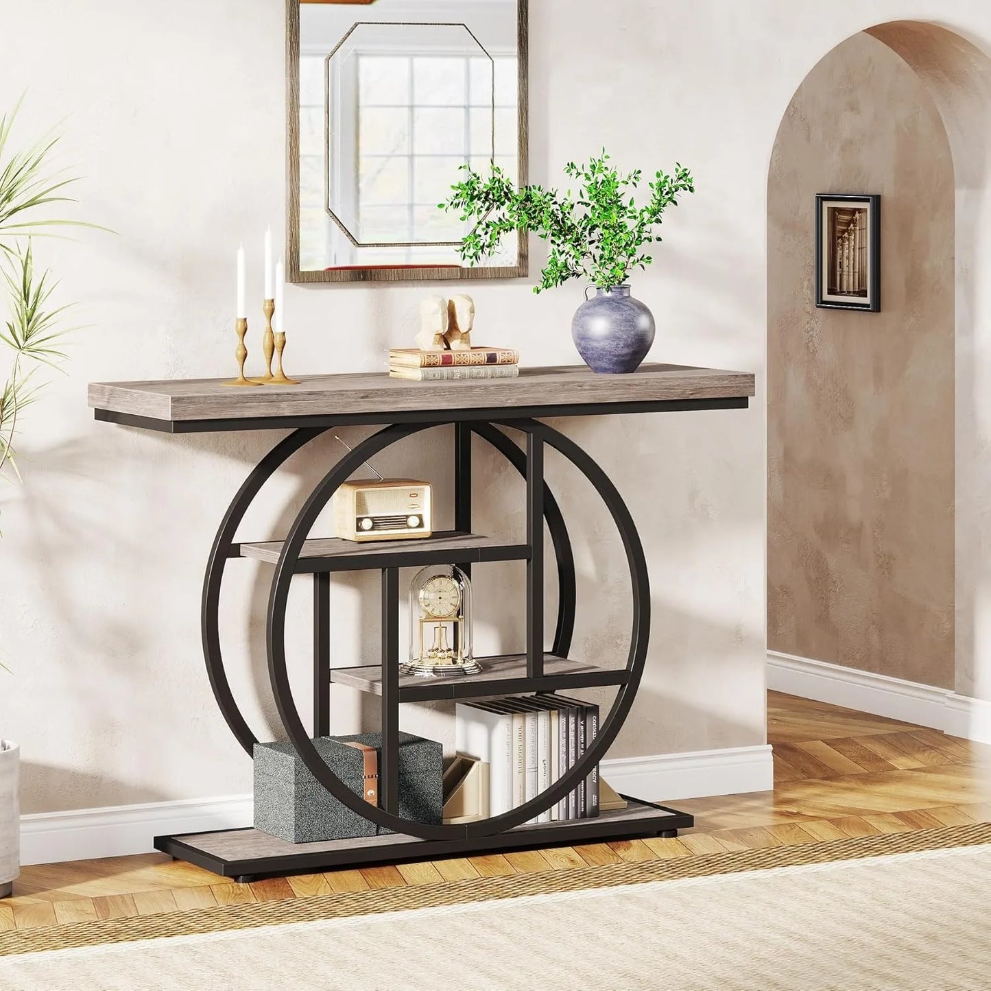 LITTLE TREE Industrial 4-Tier Console Table For Living Room