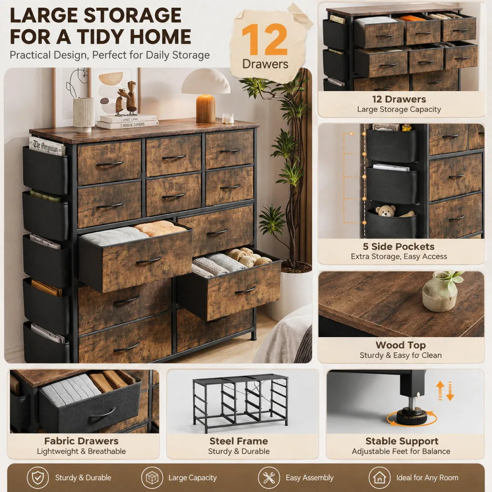12 Drawer Dresser for Bedroom Fabric Storage Chest with Wood Top Steel Frame Side Pockets Hooks Organizer Cabinet for Living Room Entryway Bathroom Rustic Brown