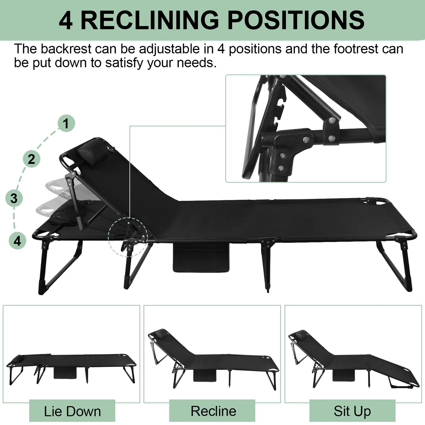Portable Folding Camping Cot With 3-Position Adjustable Recliner Pillow